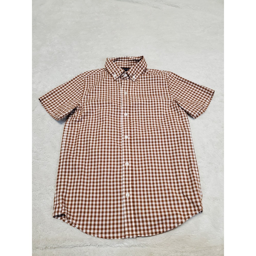 NWT Janie and Jack Brown White Gingham Plaid Short Sleeve Button Shirt 8 Classic